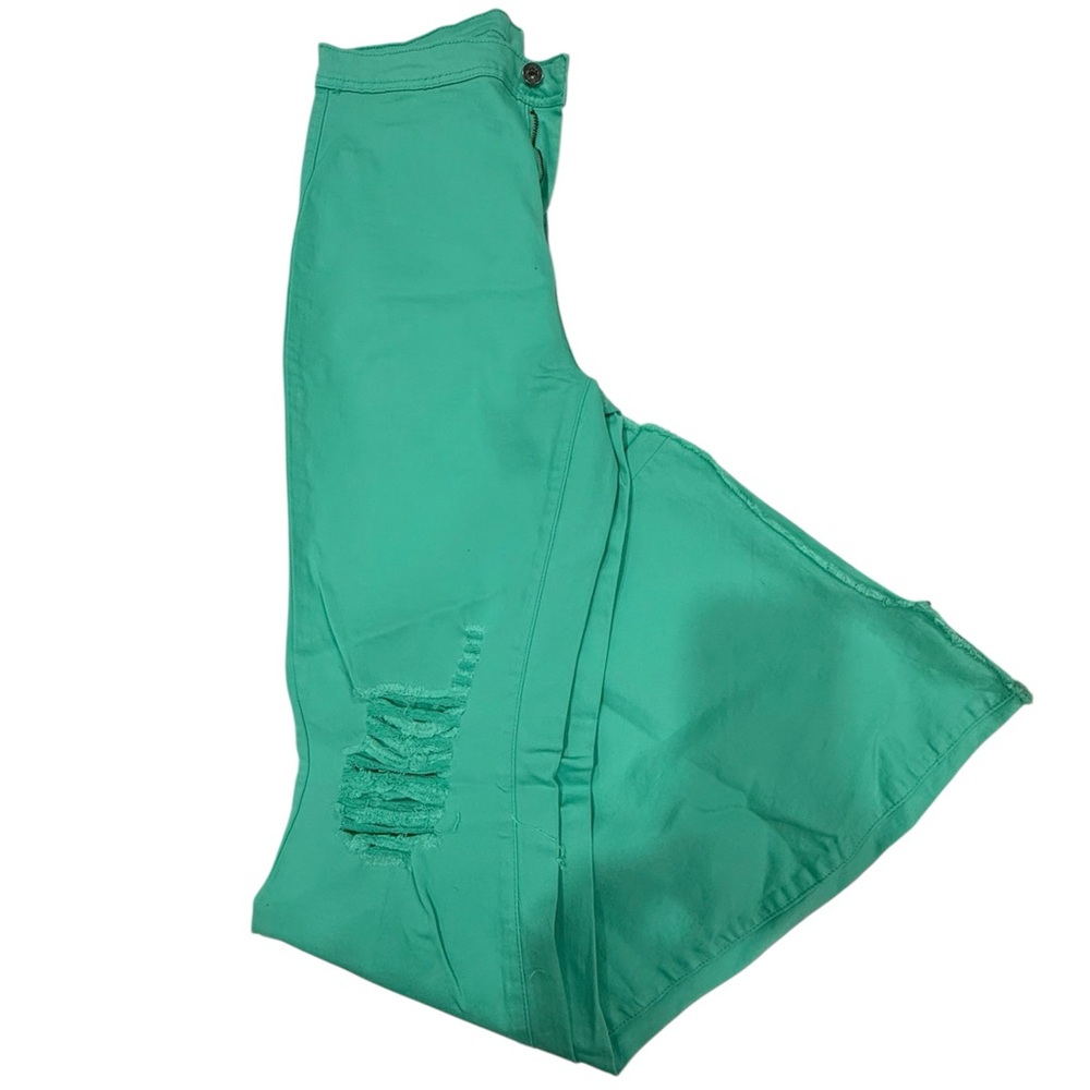 Teal Distressed Flare Pants
